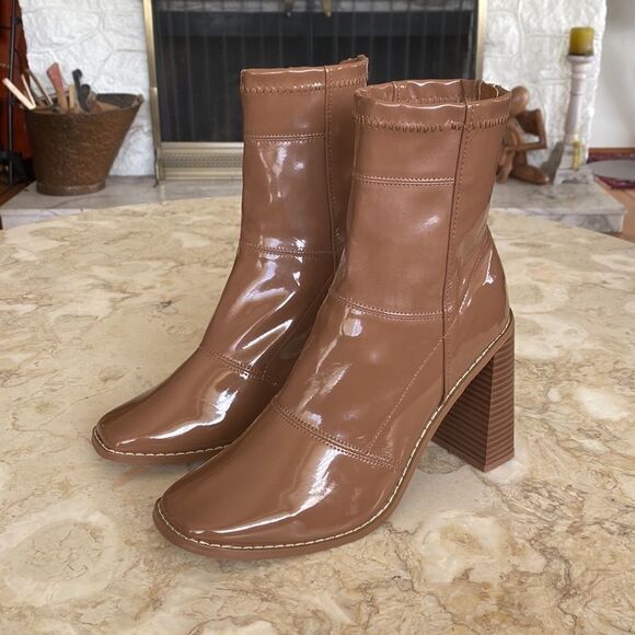 River Island Sleek Patent Square Toe Block Heel Sock Ankle Boots - Picture 3 of 10